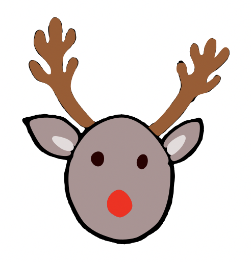 Coloured in reindeer cartoon, just its face and antlers. Has a red nose...