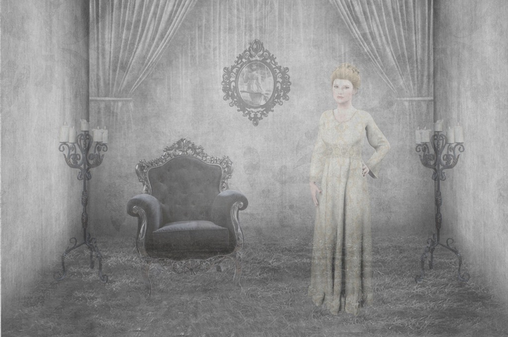 A ghostly illustration including a woman in historic garb, an ornate candlestick, a grand chair and a mirror with grey curtains pulled back.