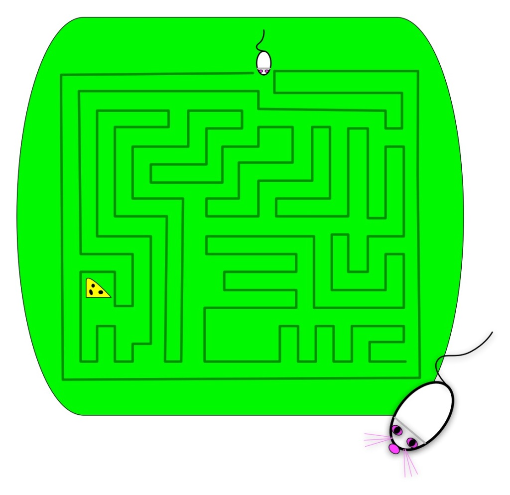 A maze with mouse searching for cheese.