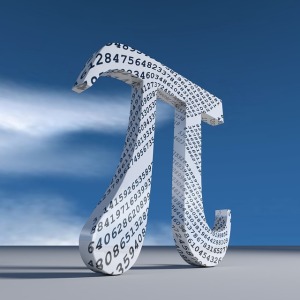 Pi symbol as a sculpture against a blue sky with digits written across it